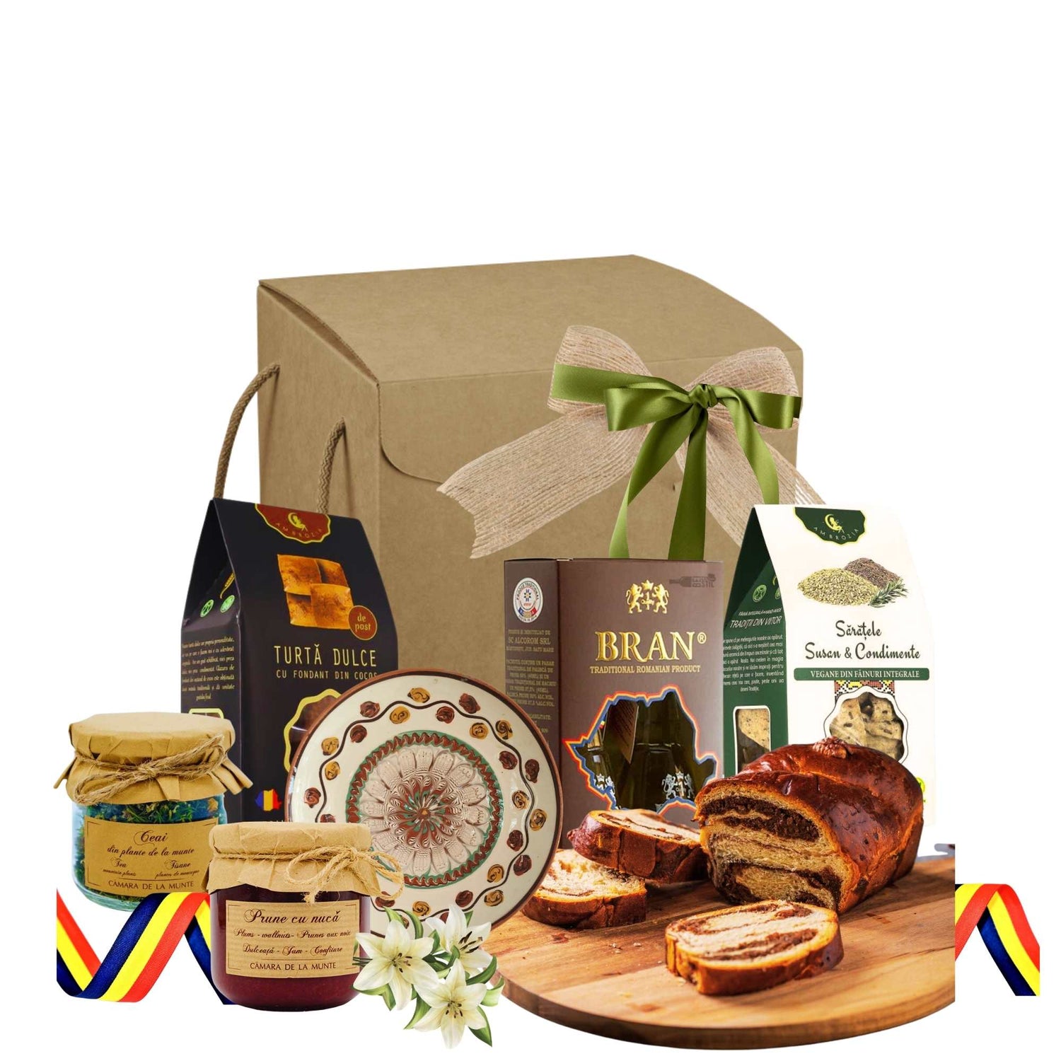 cos cadou romanesc de paste cu palinca bran cozonac si farfurie horezu