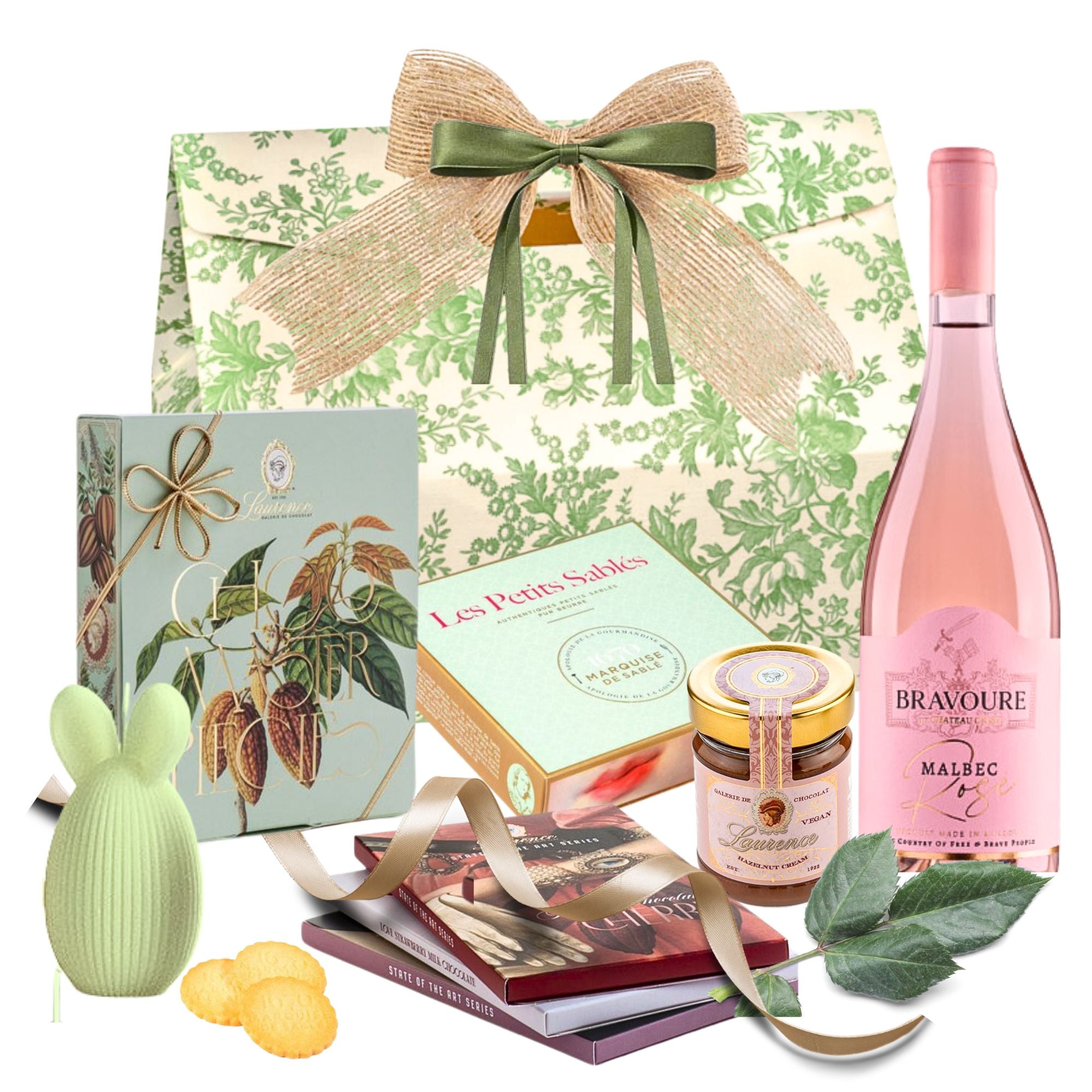 Coș Rosé &amp; Chocolate Temptation cu Malbec Rosé, caramel, praline și lumânare tematică de Paște
