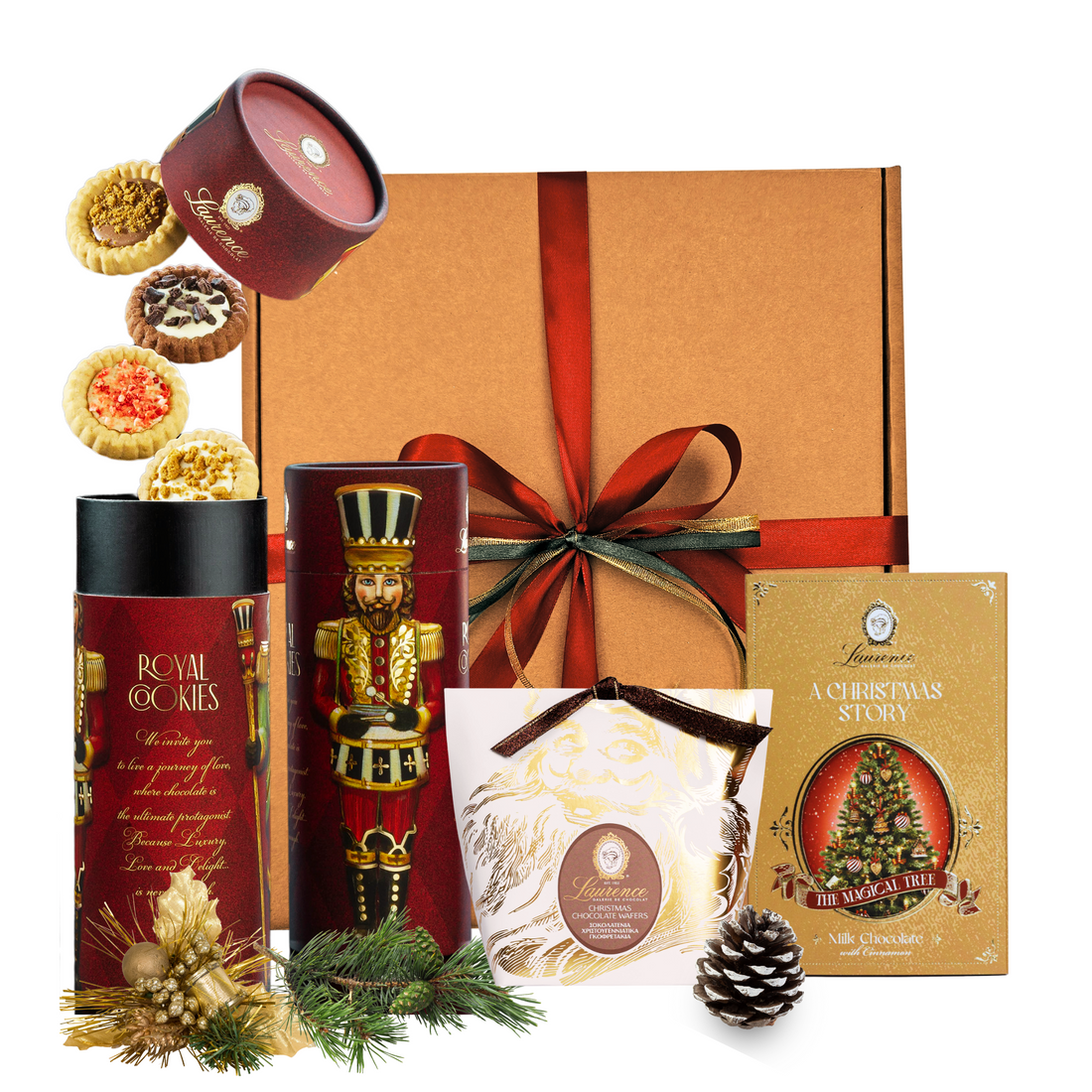 Coș A Sweet Collection cu mini tarte, vafe cu ciocolată și praline în ambalaj festiv