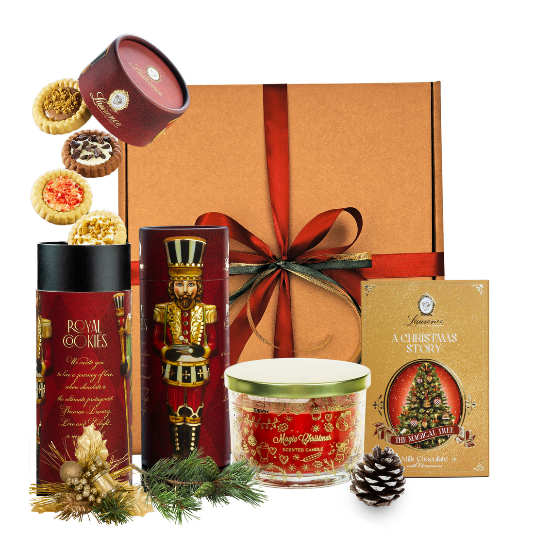 Coș A Sweet Collection cu mini tarte, ciocolată și lumânare festivă în ambalaj premium