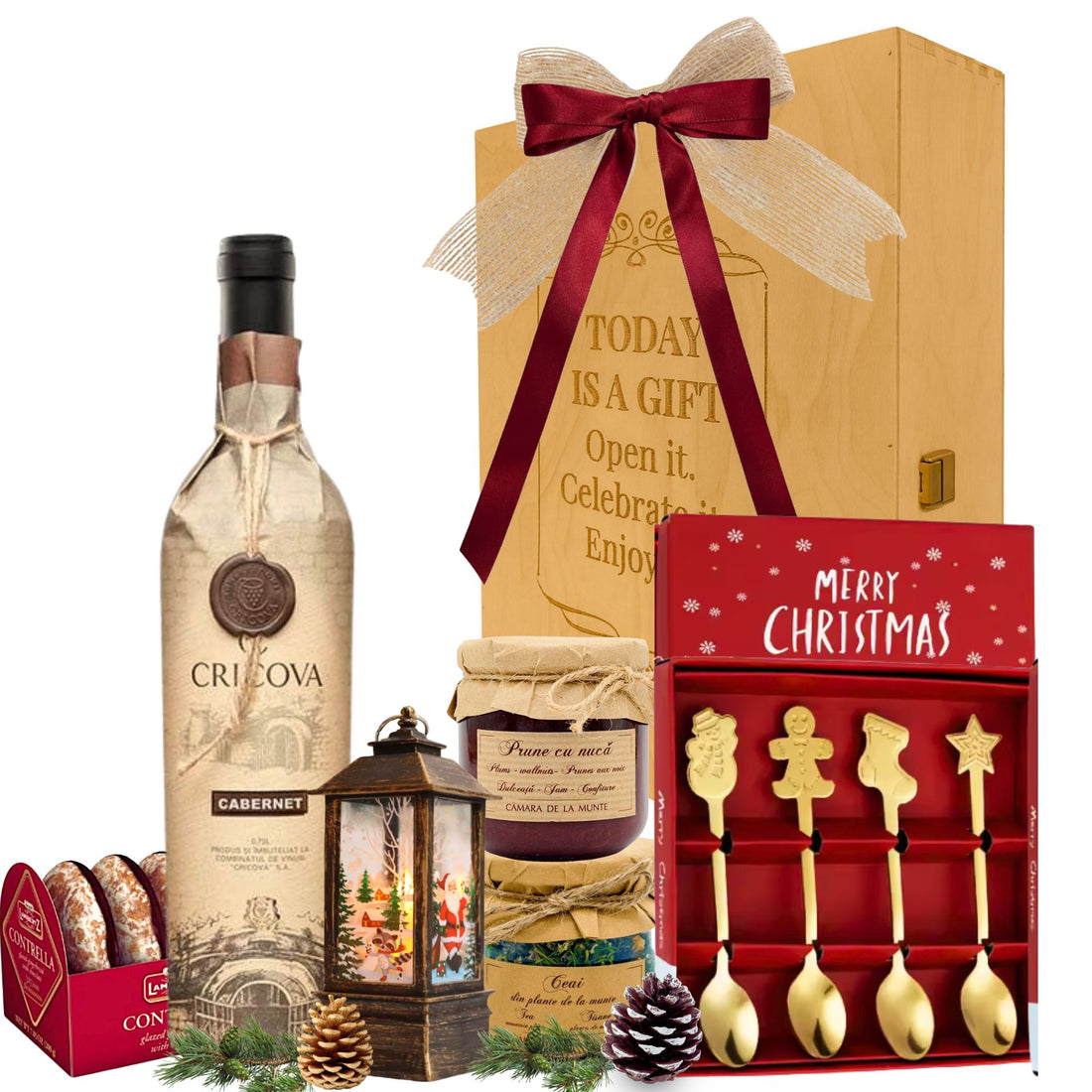 Cadou Crăciun Rustic Red cu Cabernet Cricova în cufăr de lemn, ceai și dulciuri festive