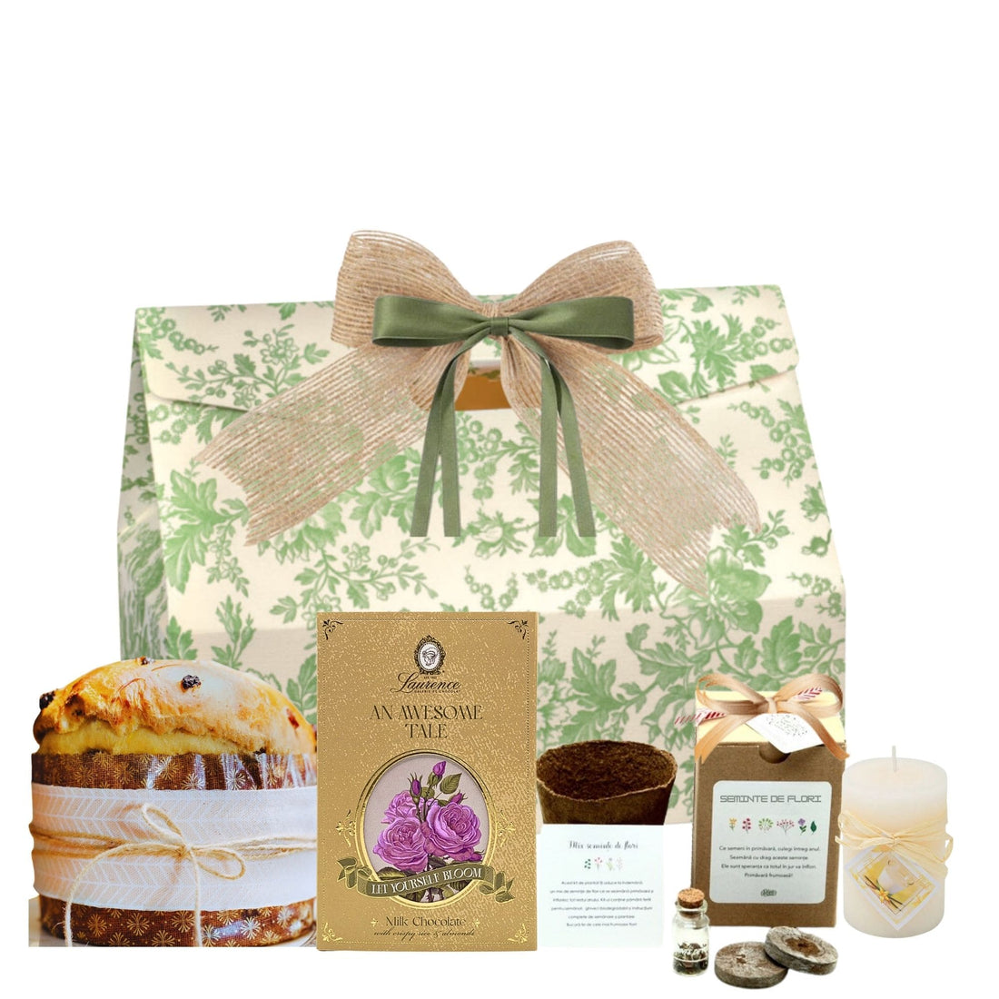Coș Blooming Surprise cu ciocolată Laurence și kit plantare flori