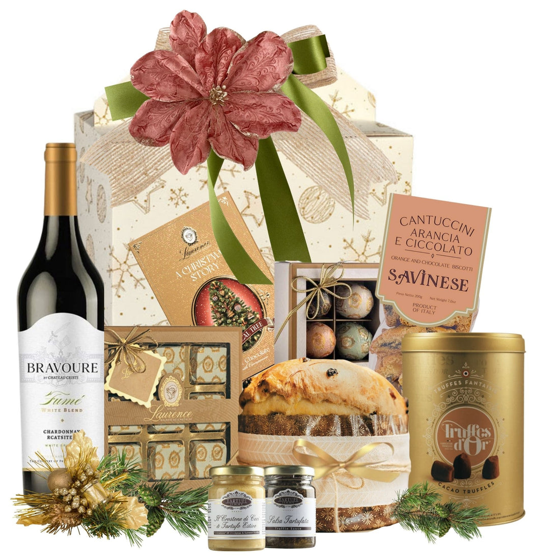 Coș Crăciun Bravoure Noel cu vin alb Chateau Cristi și praline fine