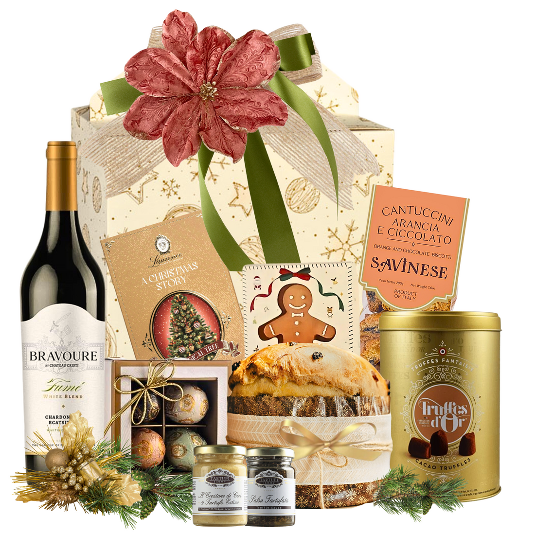 Coș Crăciun Bravoure Noel cu vin alb Chateau Cristi și praline fine