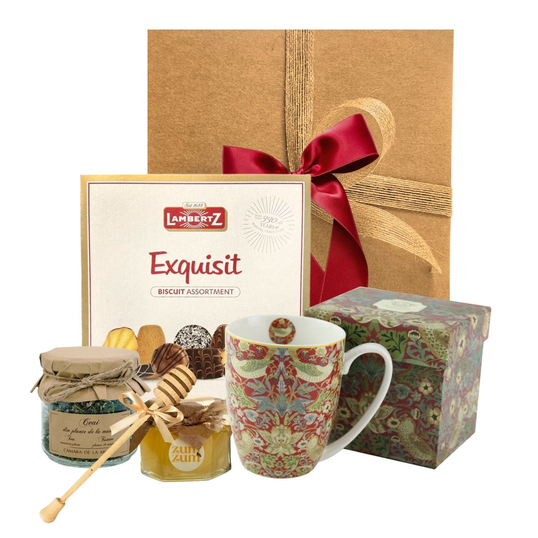 Set Cadou Ceai Essence cu ceai montan, miere salcâm bio, biscuiți Exquisit și cană William Morris
