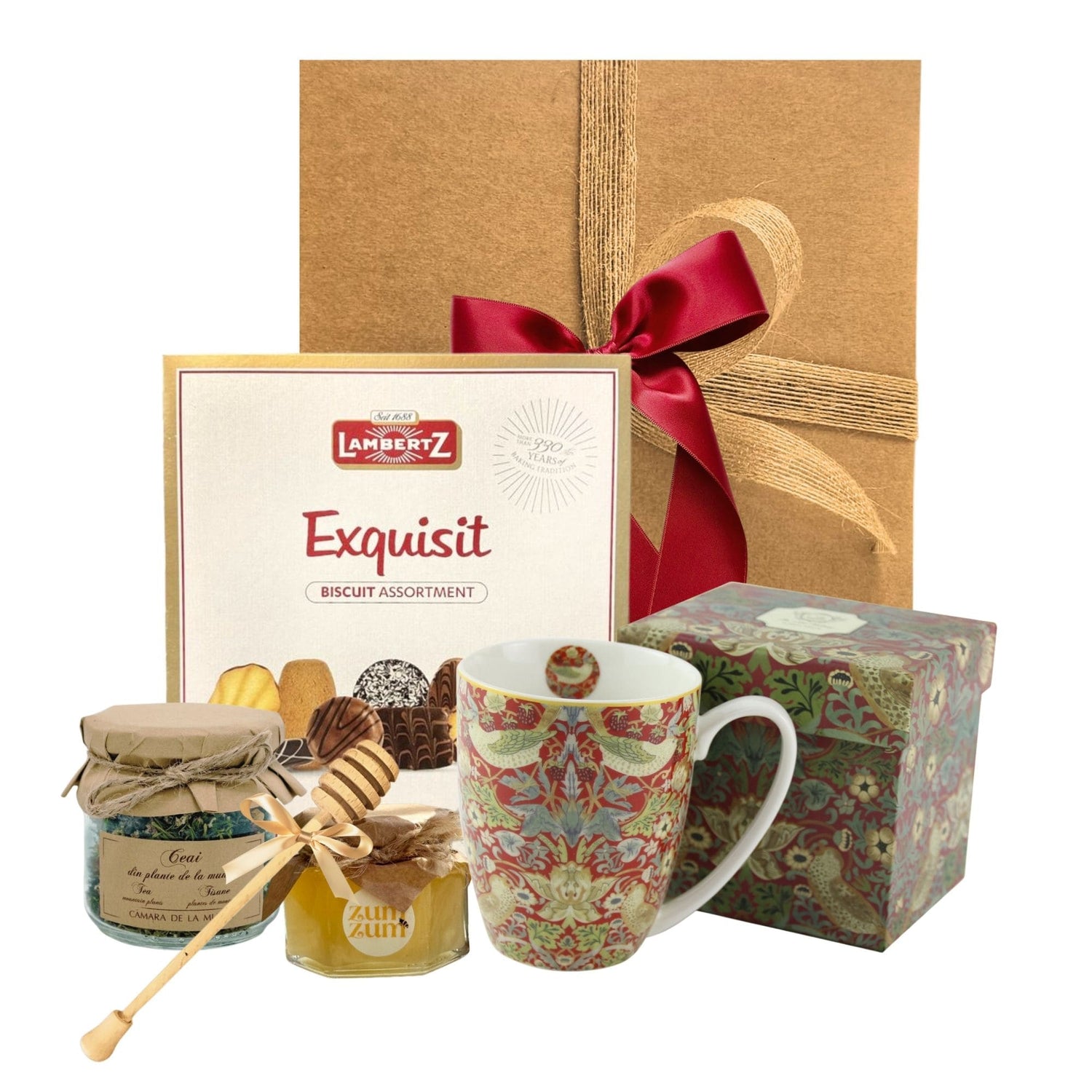 Set Cadou Ceai Essence cu ceai montan, miere salcâm bio, biscuiți Exquisit și cană William Morris
