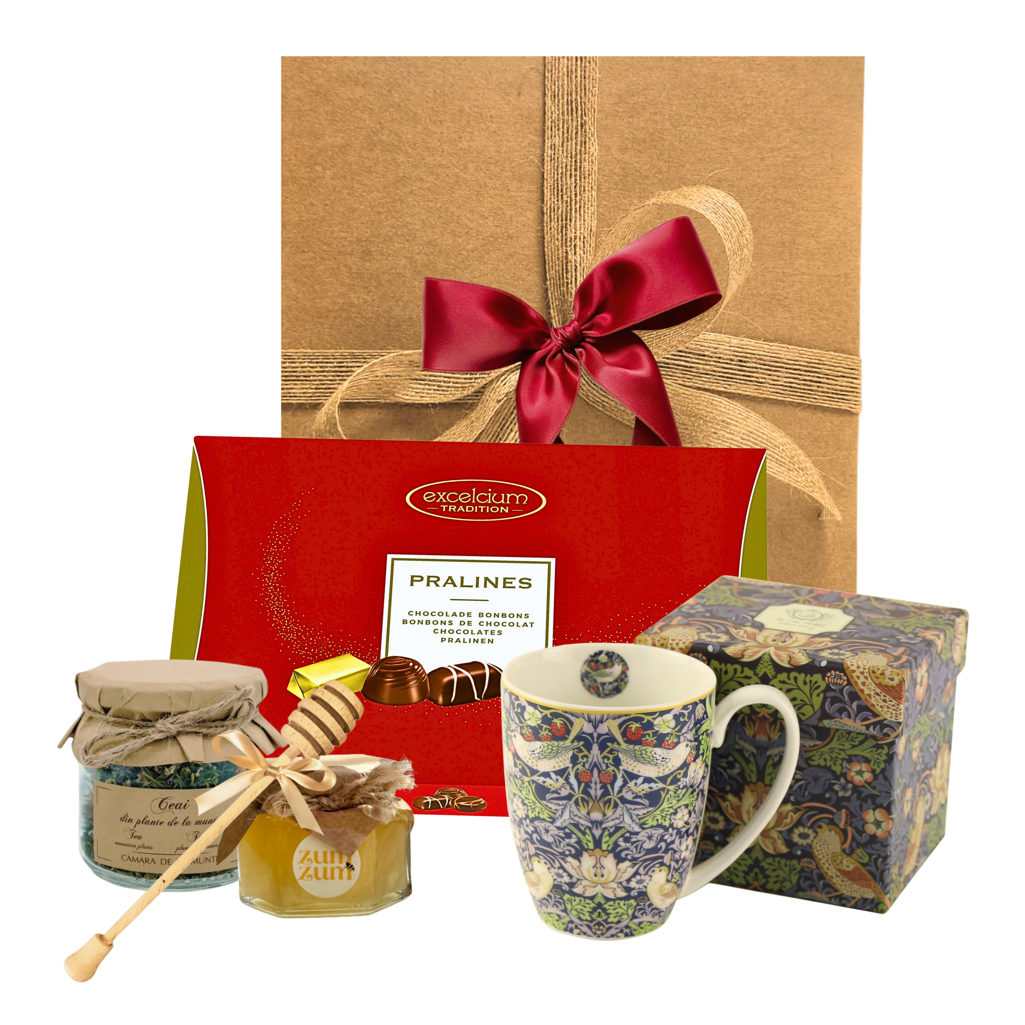 Set Cadou Ceai Essence cu ceai montan, miere salcâm bio, biscuiți Exquisit și cană William Morris
