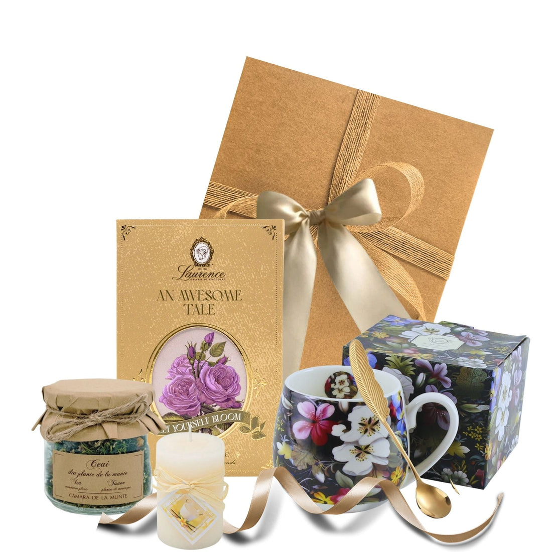 Cadou Ceai Serenity cu cană florală, ceai de plante, ciocolată Laurence și lumânare în cutie cadou