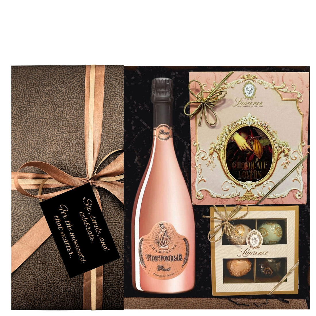 Set Celebrate in Rosé Style cu șampanie G.H. Martel Rose Brut, praline Trilogie Chocolate Lovers și cutie Laurence Bells