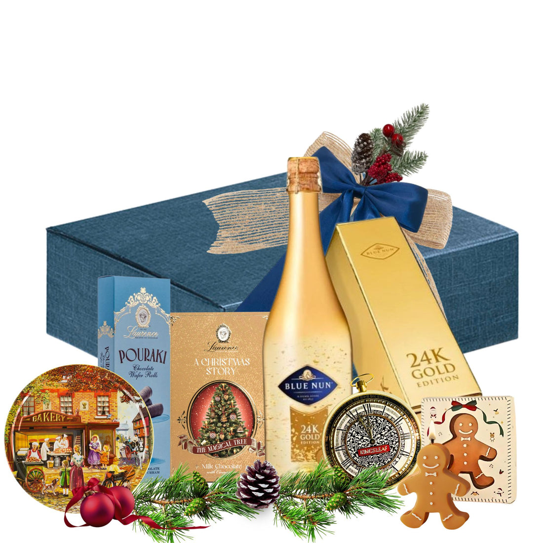 Cadou Crăciun 24K Elegance cu spumant Blue Nun Gold, fursecuri, ceai și dulciuri, în cutie festivă