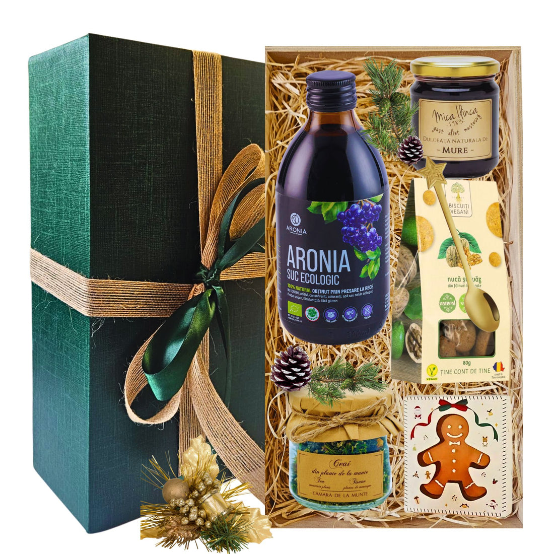 Cadou Crăciun Aronia cu suc ecologic, dulceață de mure, biscuiți vegani și ceai, în cutie festivă