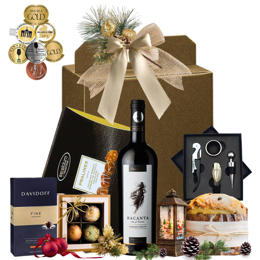 Cadou Crăciun Bacanta Signature cu Merlot Barrique, panettone, cafea și praline, în cutie festivă