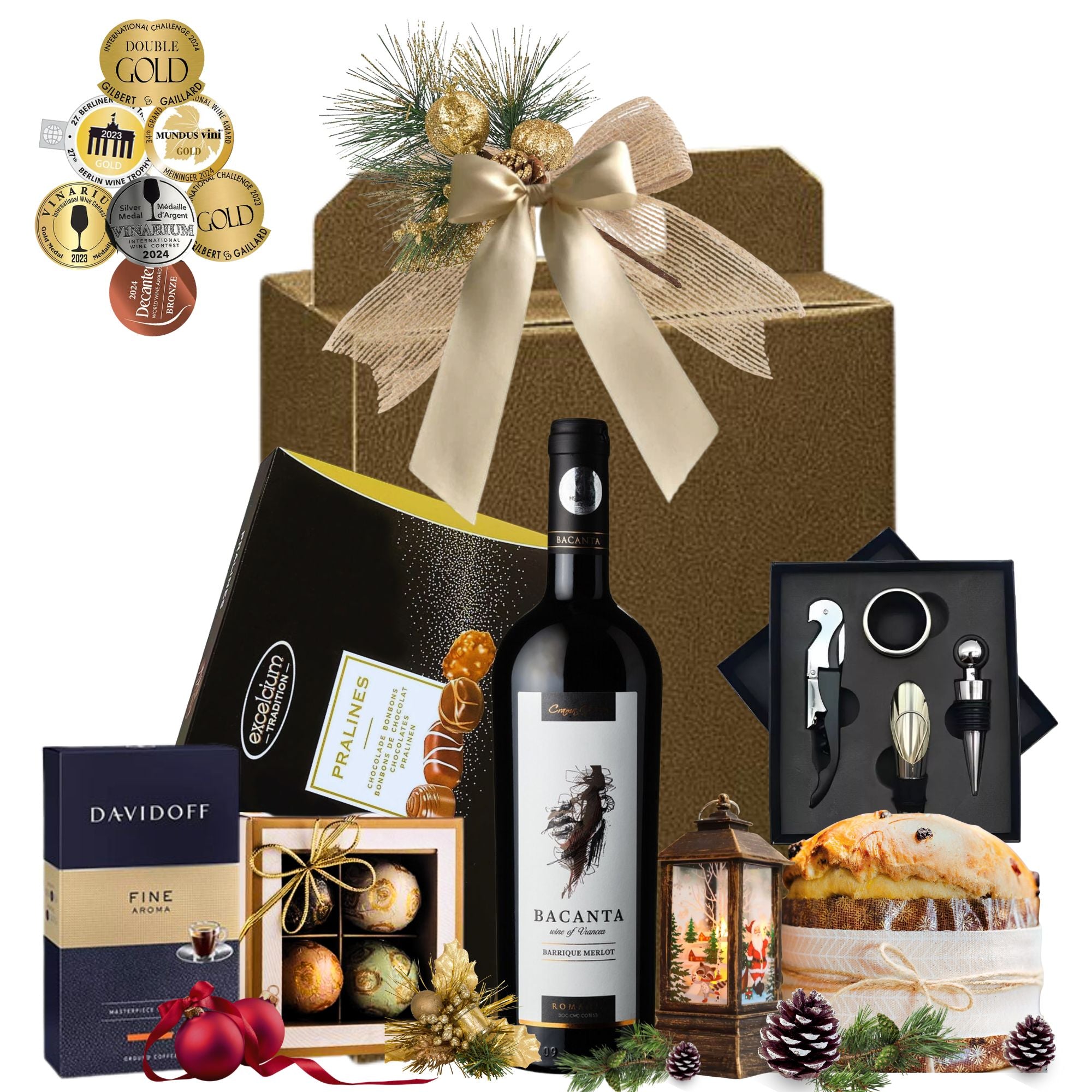 Cadou Crăciun Bacanta Signature cu Merlot Barrique, panettone, cafea și praline, în cutie festivă