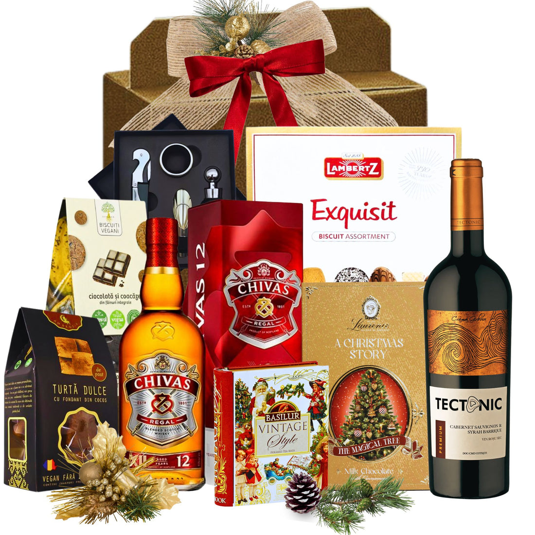 Cadou Crăciun Business Chivas Edition cu whisky Chivas 12 YO, vin barrique și selecție gourmet în cutie festivă