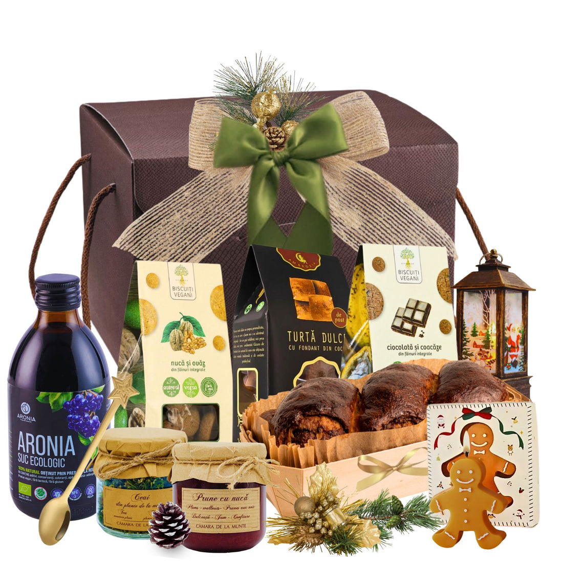 Cadou Crăciun Cămara Bunicii cu aronia eco, cozonac cu nucă, dulceață și ceai montan, în cutie festivă