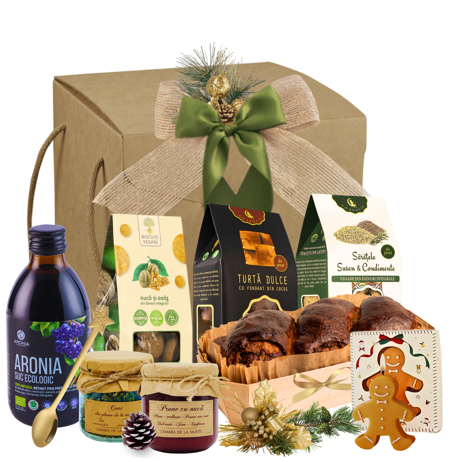 Cadou Crăciun Cămara Bunicii cu aronia eco, cozonac cu nucă, dulceață și ceai montan, în cutie festivă