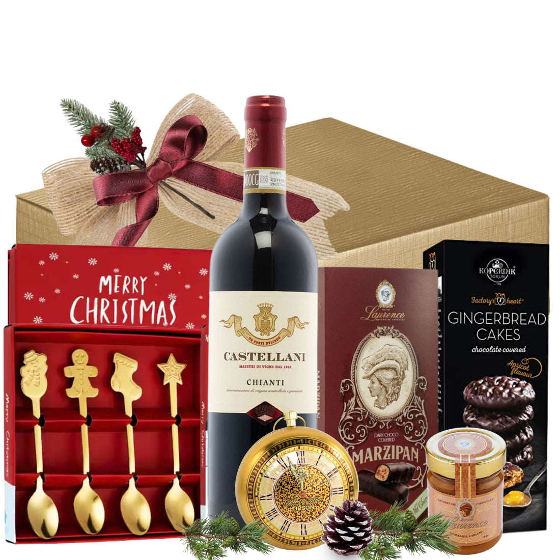 Cos cadou Crăciun Chianti Serenade cu vin Castellani, marțipan cu cireșe și ceai Kingsleaf, în cutie festivă
