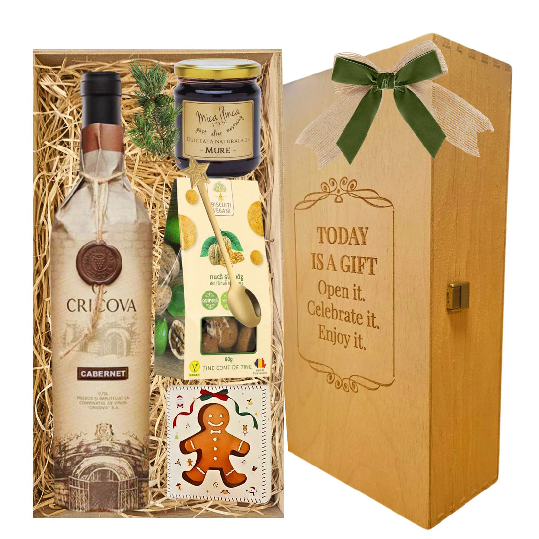 Cadou Crăciun Cufăr de iarnă cu Cabernet Cricova, dulceață de mure și biscuiți vegani, în cufăr de lemn