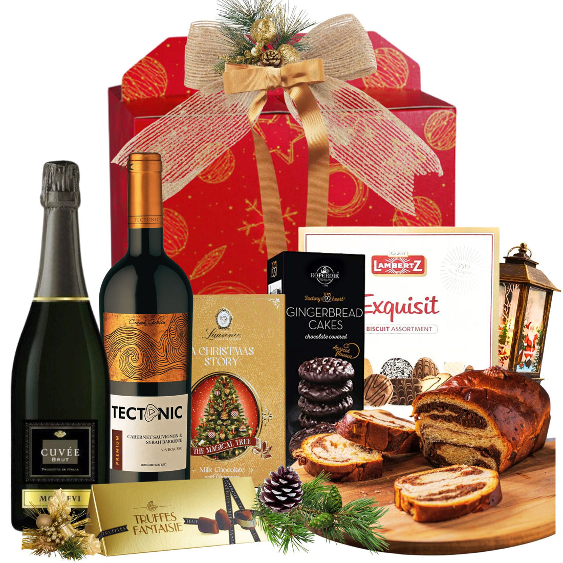 Cos cadou Crăciun Double Joy cu spumant Montevi, vin roșu barrique, cozonac și trufe, în cutie festivă