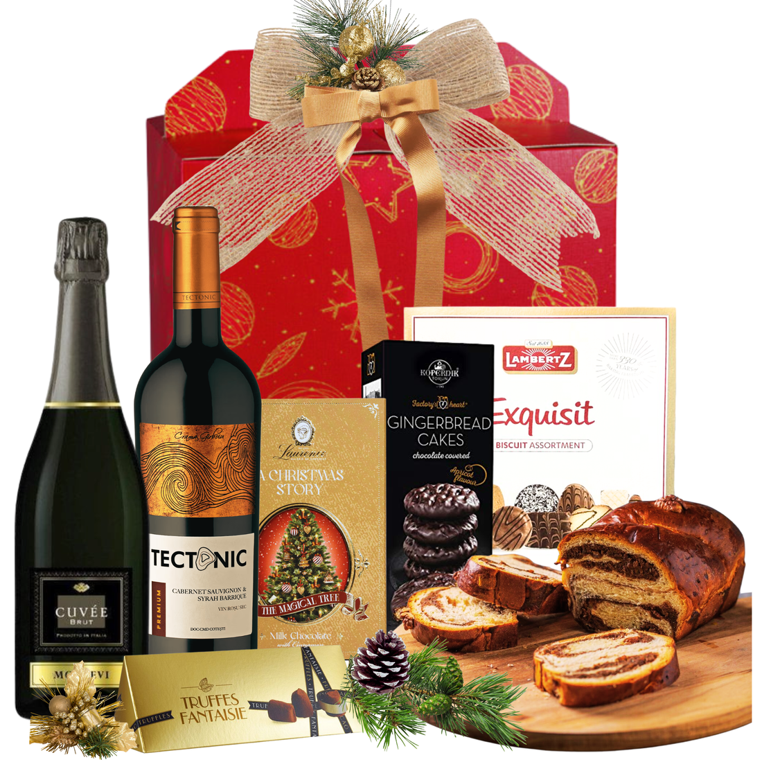 Cos cadou Crăciun Double Joy cu spumant Montevi, vin roșu barrique, cozonac și trufe, în cutie festivă