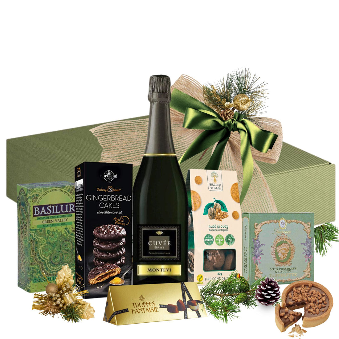 Cadou Crăciun Evergreen Sparkle cu spumant Montevi, tarte cu ciocolată, trufe și ceai verde, în cutie festivă