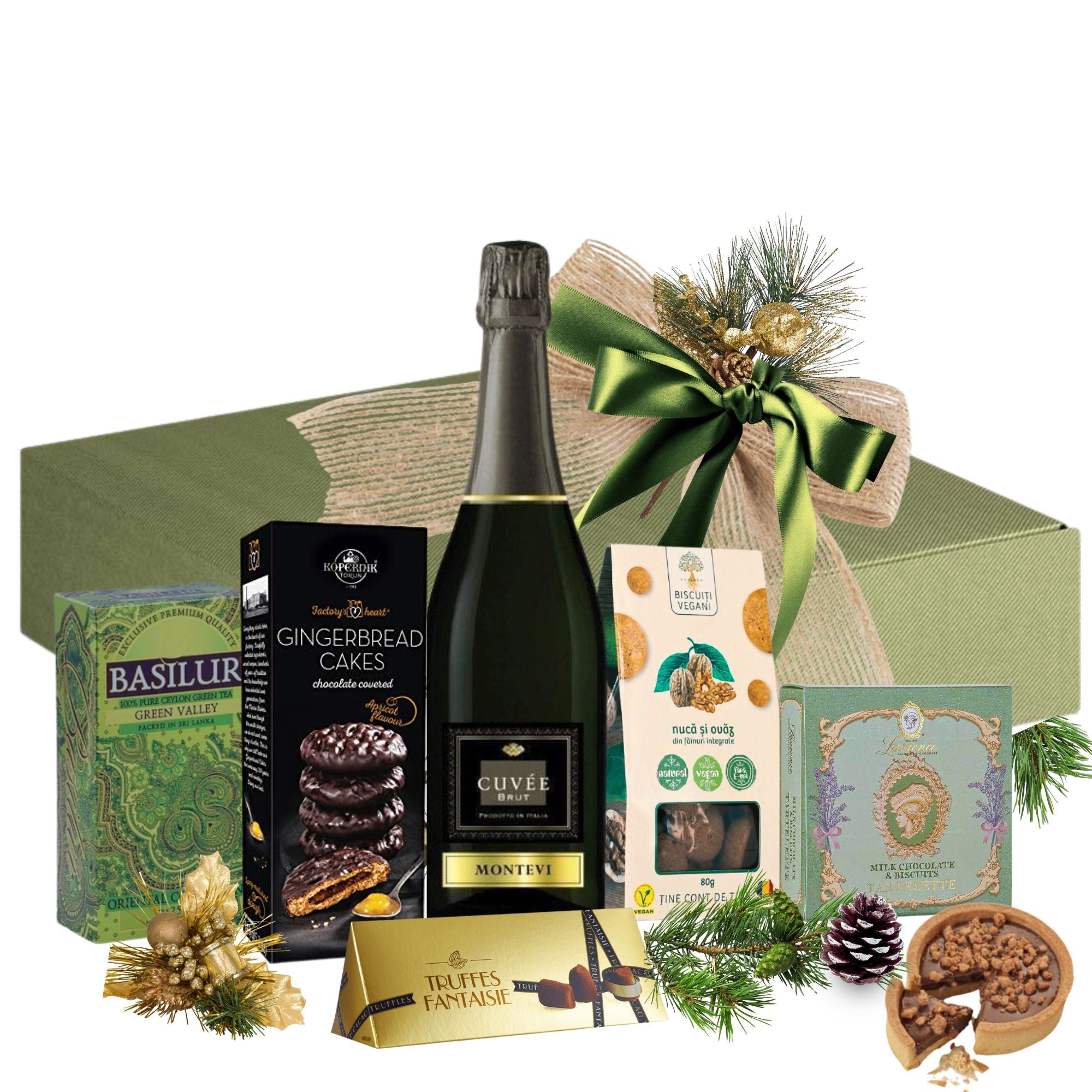 Cadou Crăciun Evergreen Sparkle cu spumant Montevi, tarte cu ciocolată, trufe și ceai verde, în cutie festivă