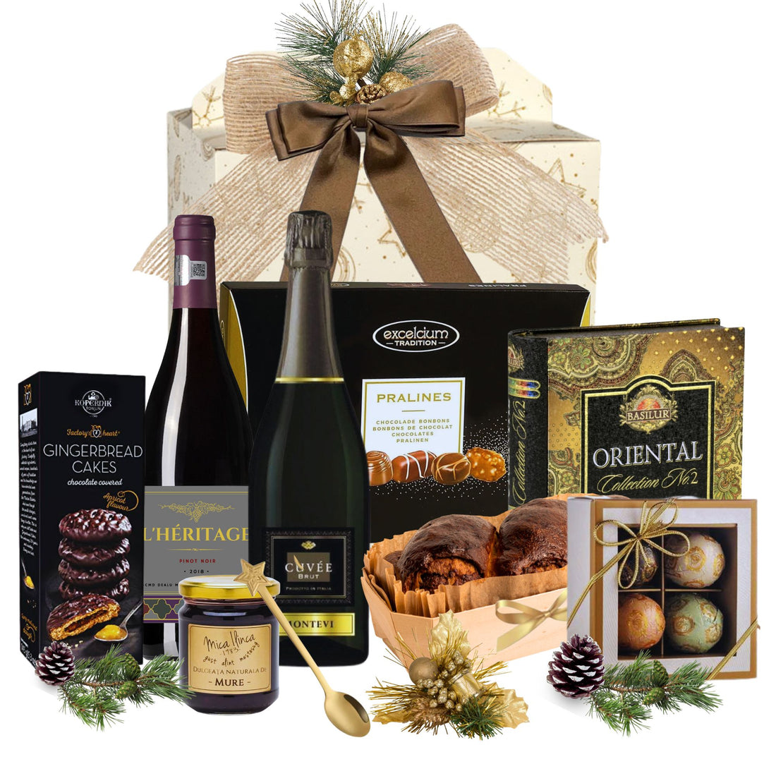 Cadou Crăciun Executive Selection cu L’Heritage, spumant Montevi, praline, ceai și cozonac, în cutie festivă