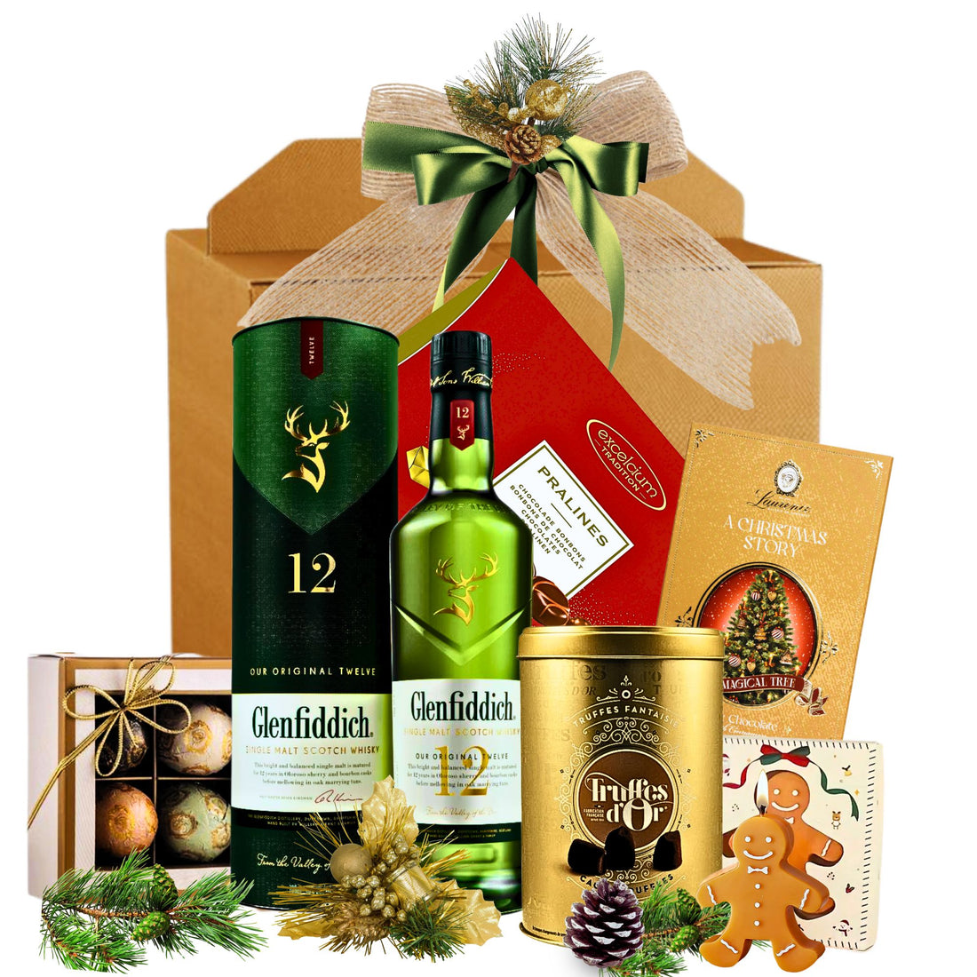 Coș cadou Glenfiddich Cheer cu whisky 12 ani și selecție de trufe și praline într-o cutie festivă