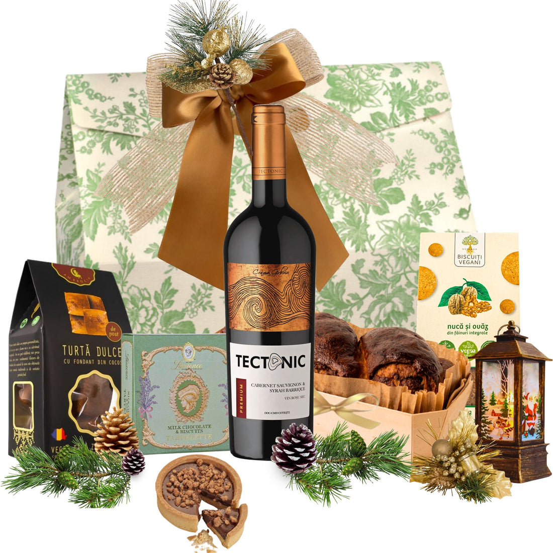 Cos cadou Crăciun Golden Ribbon cu vin barrique, turtă dulce, biscuiți și cozonac, în cutie festivă