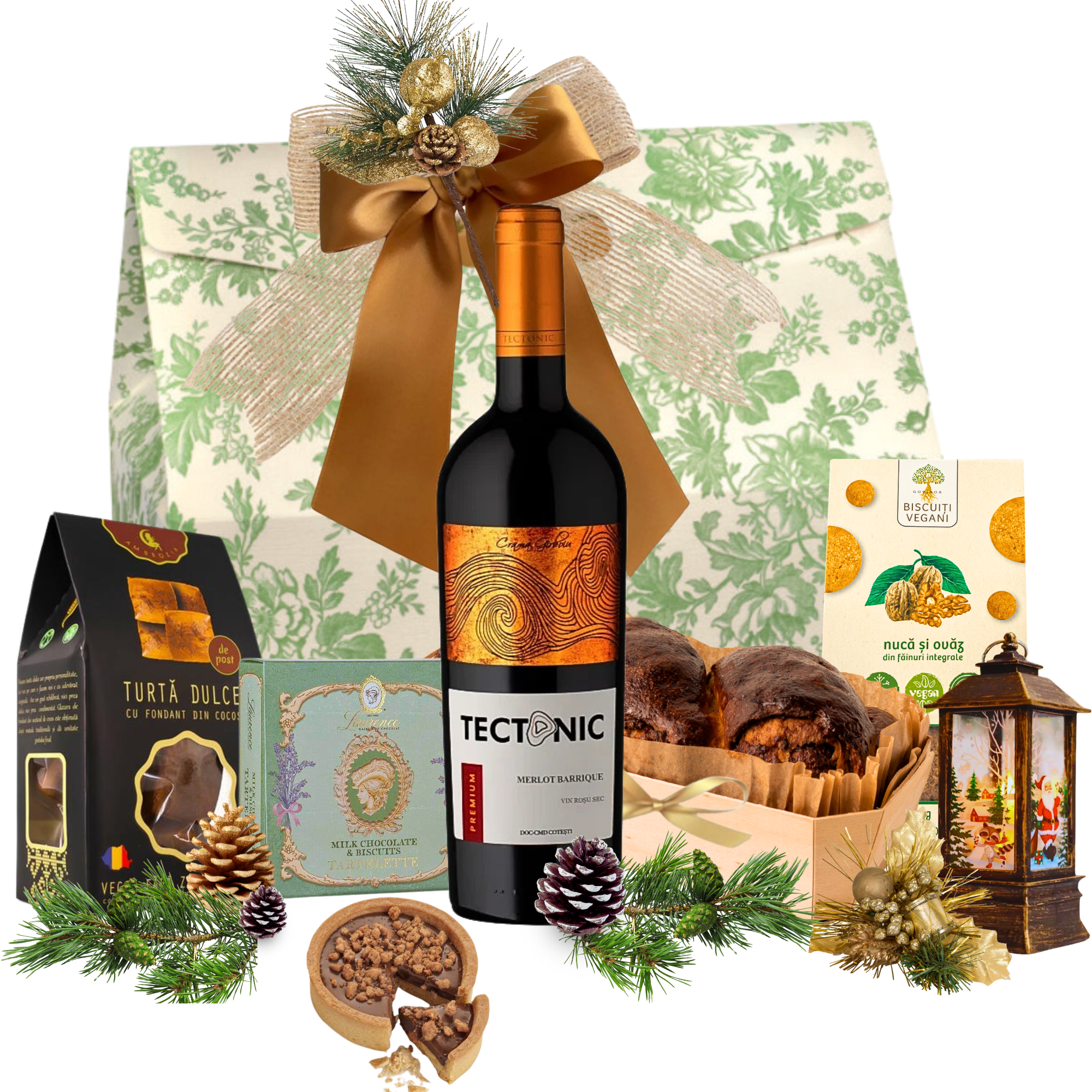 Cos cadou Crăciun Golden Ribbon cu vin barrique, turtă dulce, biscuiți și cozonac, în cutie festivă