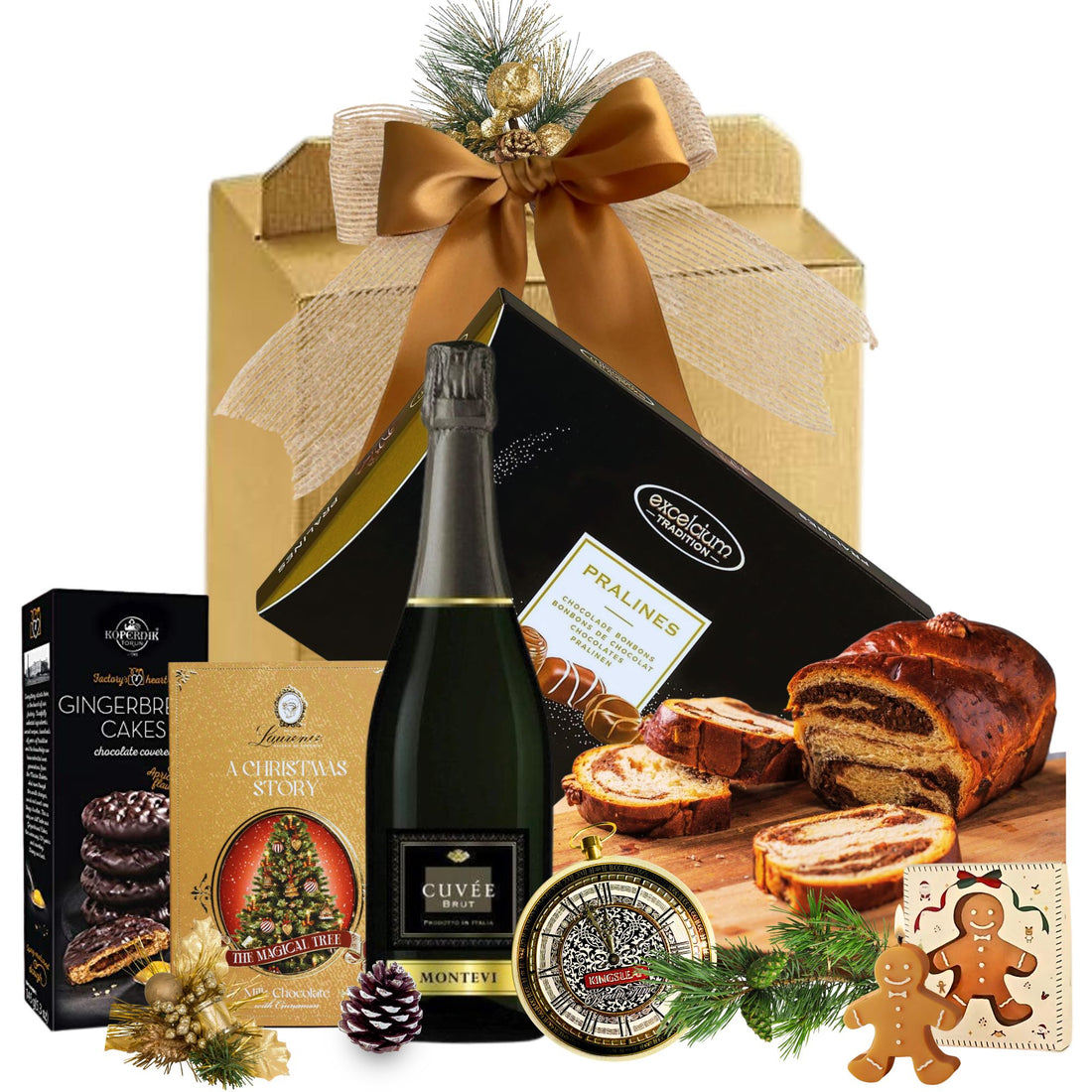 Cos cadou Crăciun Golden Bubbles cu spumant Montevi, praline, ceai și cozonac, în cutie festivă