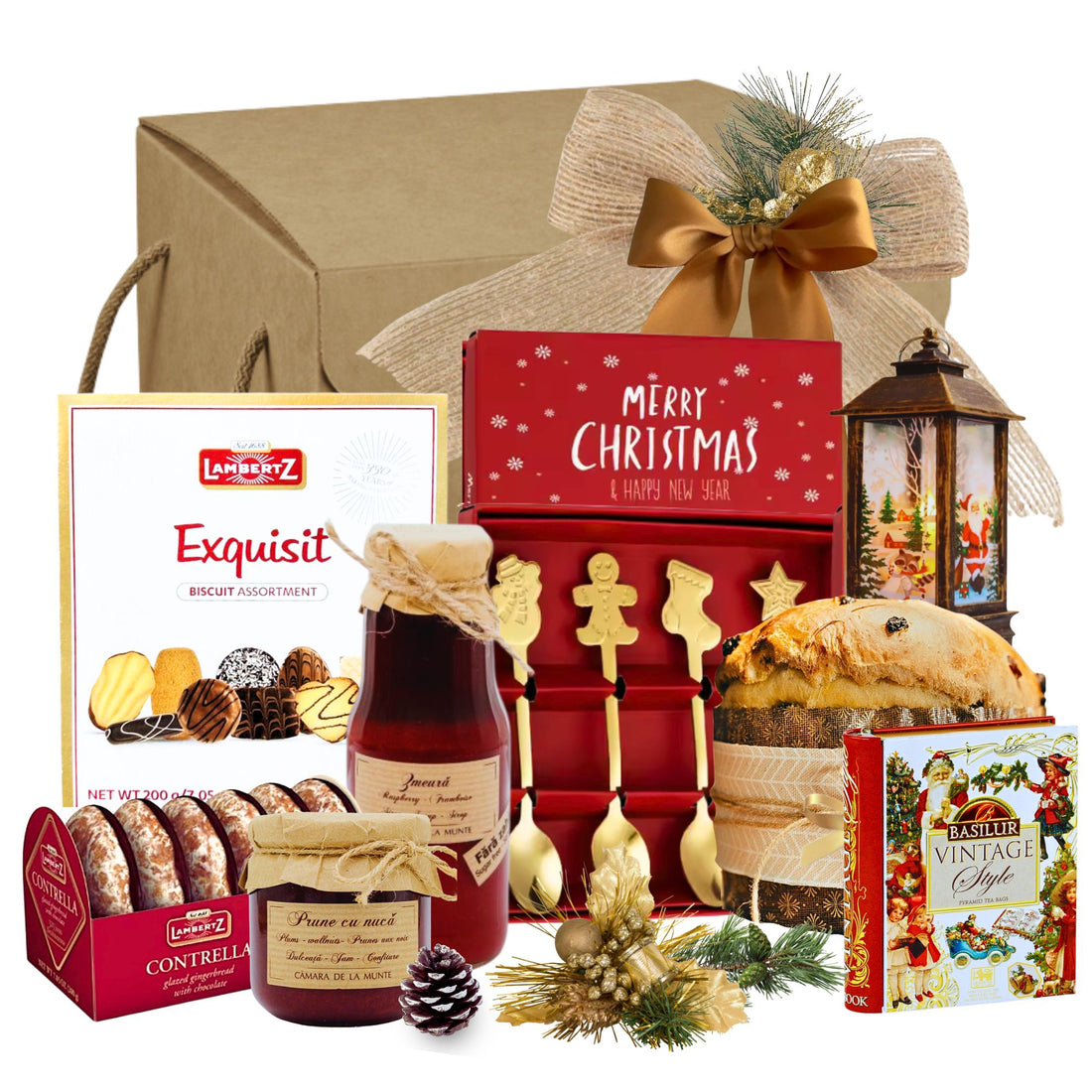 Cos cadou Crăciun Gourmet Storybook cu ceai Basilur, panettone, biscuiți și sirop de zmeură, în cutie festivă