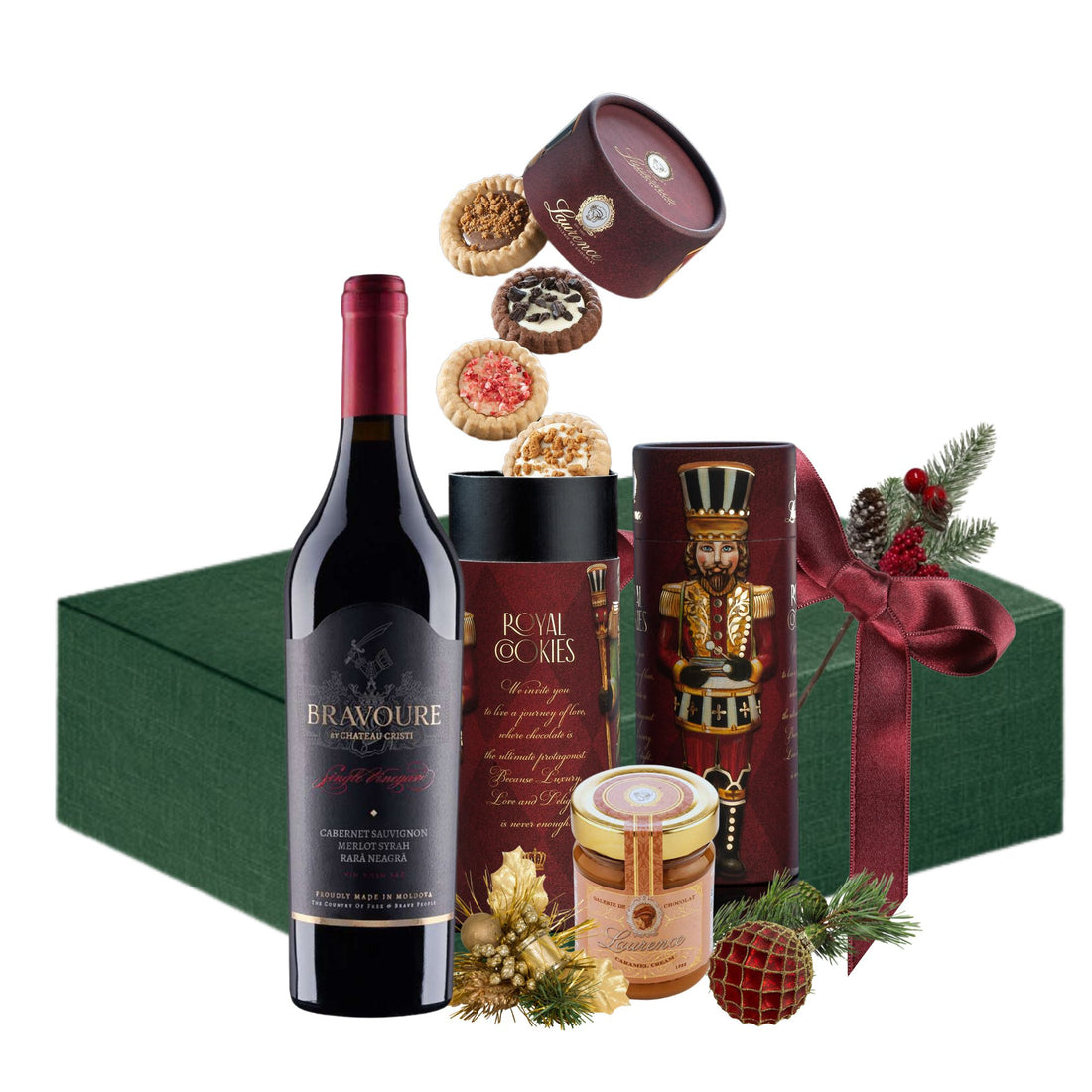 Set Majestic Celebration cu vin Château Cristi Bravoure,mini tarte Royal Laurence si crema caramel în cutie cadou premium