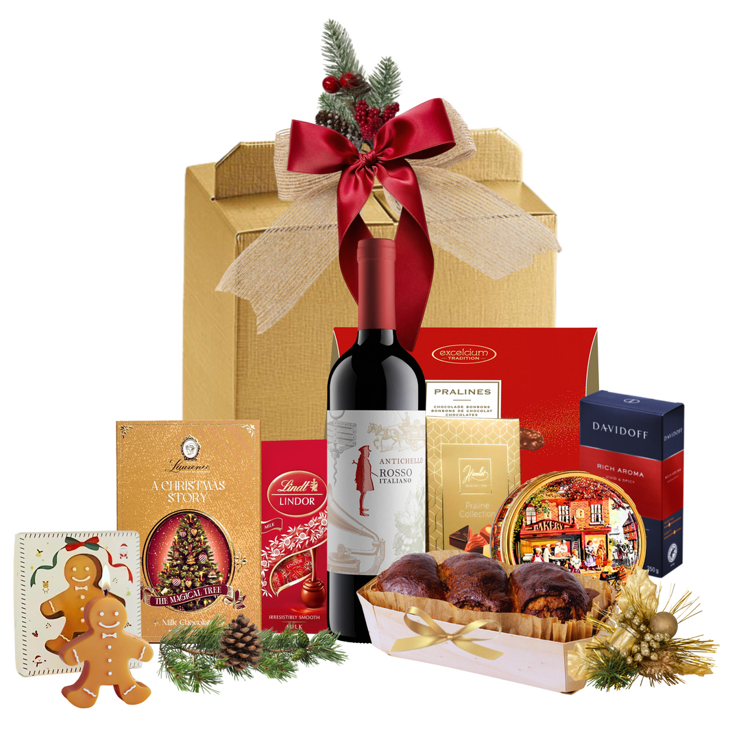 Pachet cadou corporate cu vin rosu si dulciuri