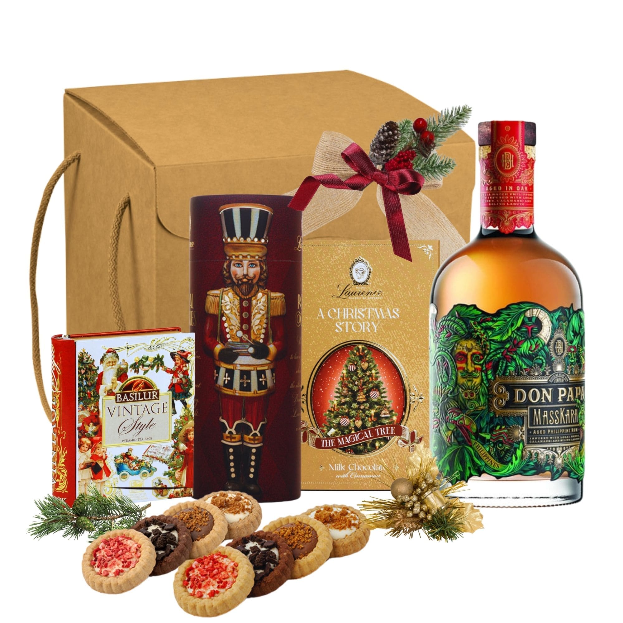 Rom Don Papa Masskara, mini tarte Royal Laurence și ceai Basilur Vintage în cutie cadou festiv