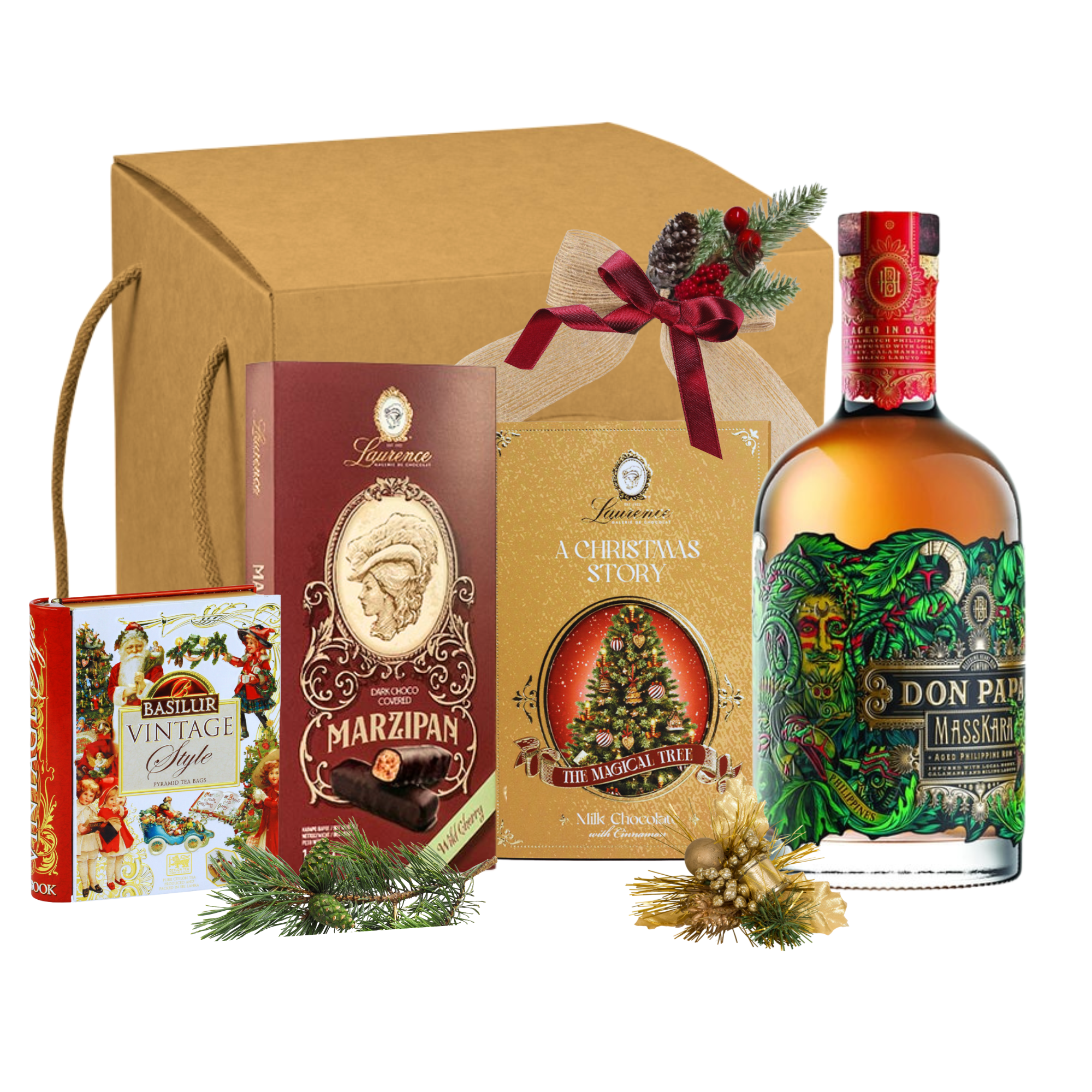 Rom Don Papa Masskara, mini tarte Royal Laurence și ceai Basilur Vintage în cutie cadou festiv