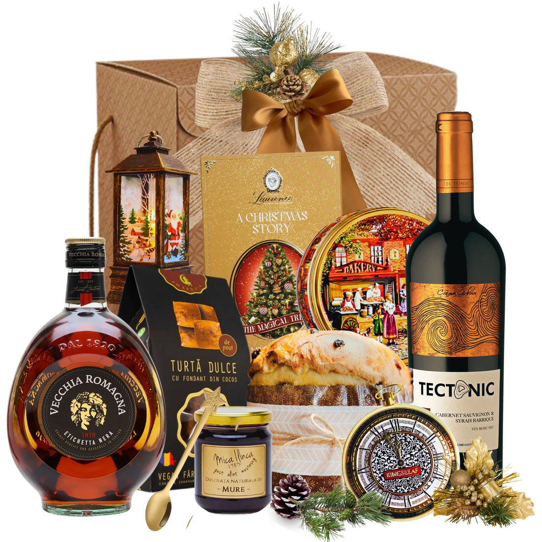 Cos cadou Crăciun Royal Brandy cu Vecchia Romagna, vin barrique, panettone și dulciuri, în cutie festivă