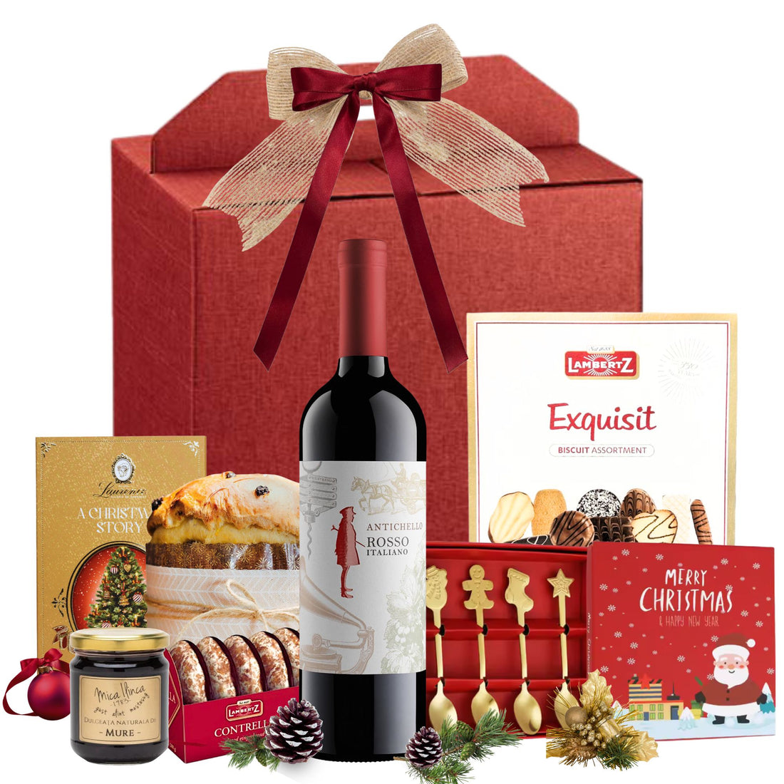 Cos cadou Crăciun Ruby Velvet cu vin Antichello Rosso, panettone, biscuiți și dulceață de mure