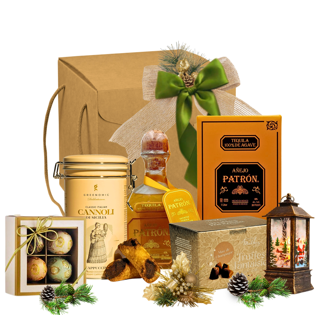 Coș cadou Tequila Dream cu Patrón Añejo, cannoli Capuccino, trufe Mathez, decoratiune felinar și praline Laurence