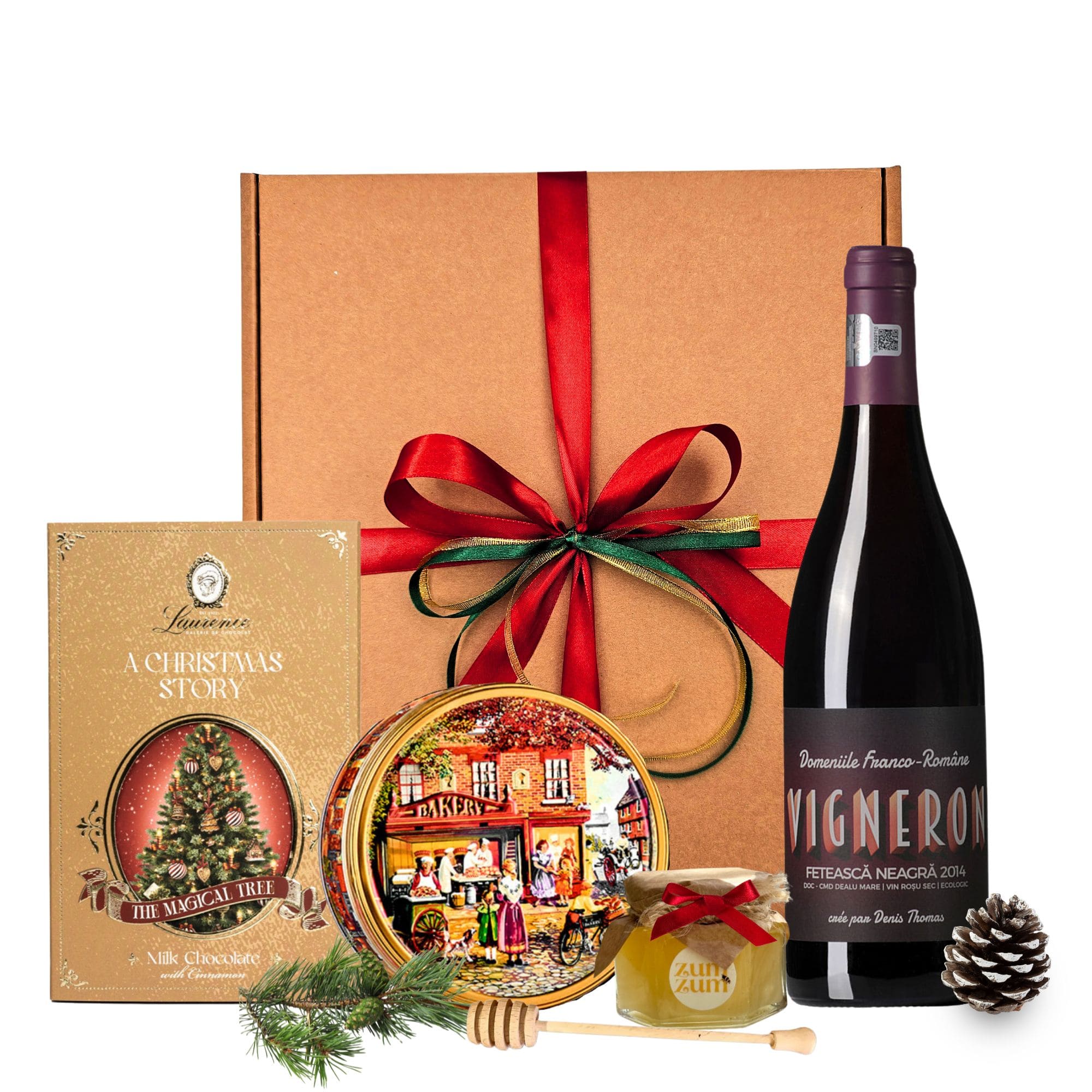 Cadou Vin Roșu Classic cu fursecuri Jacobsen și miere salcâm în cutie elegantă