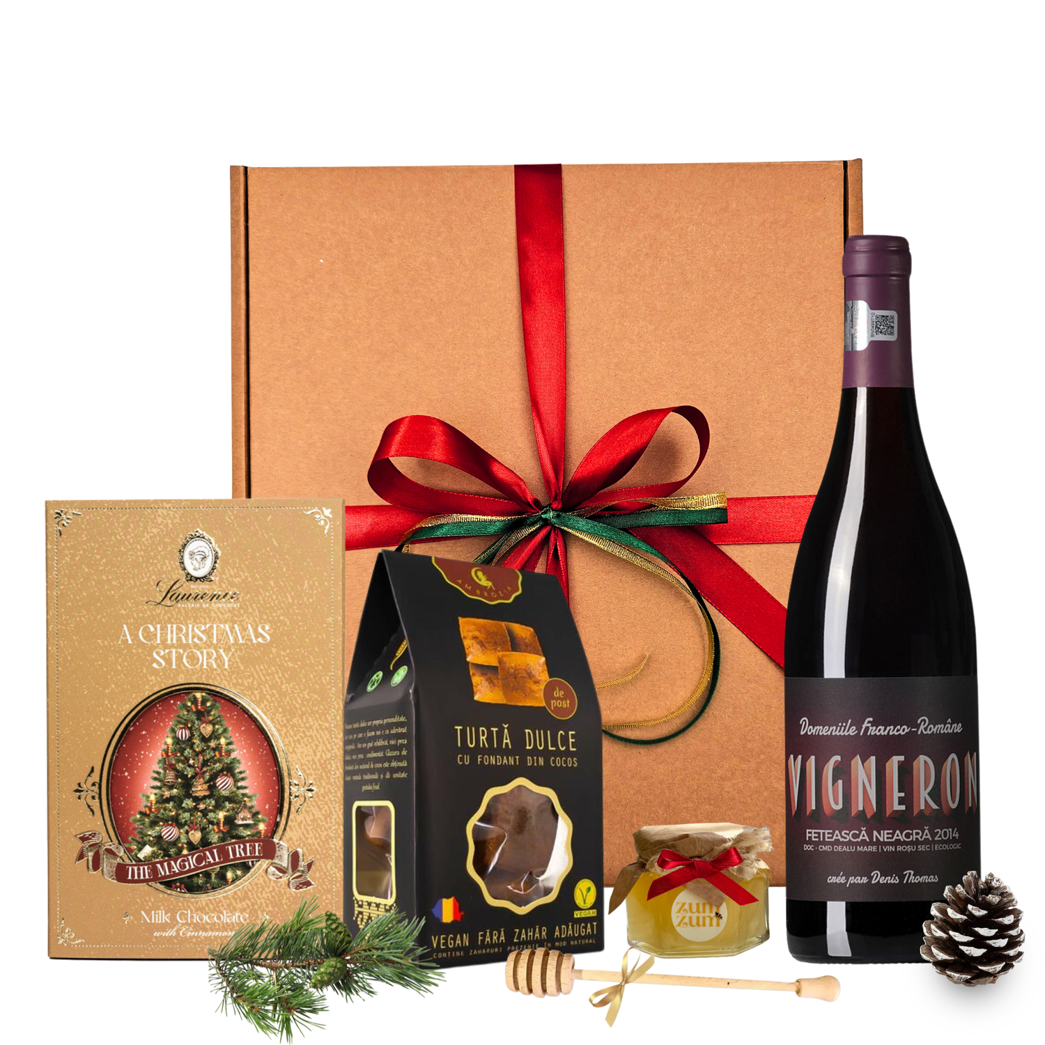 Cadou Vin Roșu Classic cu fursecuri Jacobsen și miere salcâm în cutie elegantă