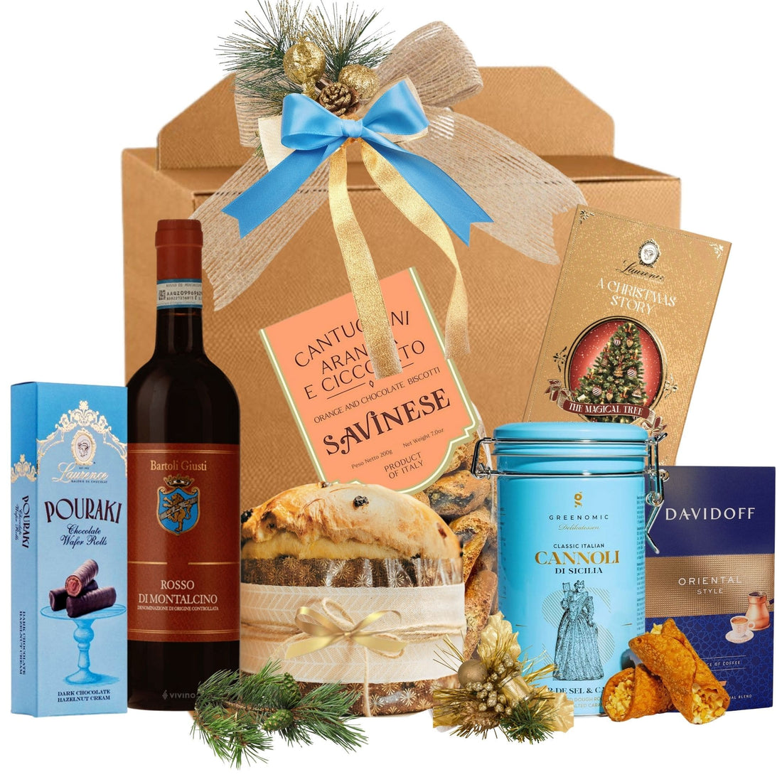Cadou Crăciun Vin Roșu Montalcino cu praline Laurence și delicii italiene