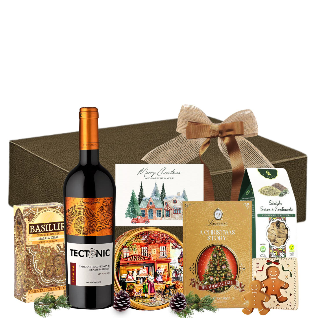 Cadou Crăciun Warm Glow cu vin barrique, Masala Chai, fursecuri și lumânare, în cutie festivă