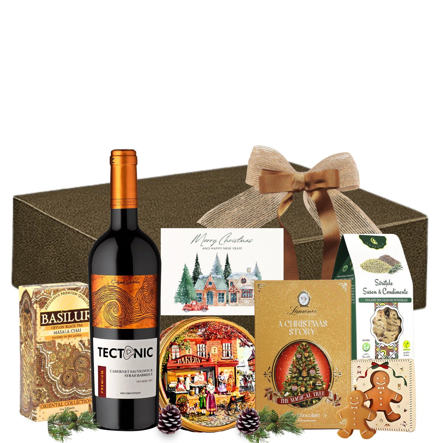Cadou Crăciun Warm Glow cu vin barrique, Masala Chai, fursecuri și lumânare, în cutie festivă
