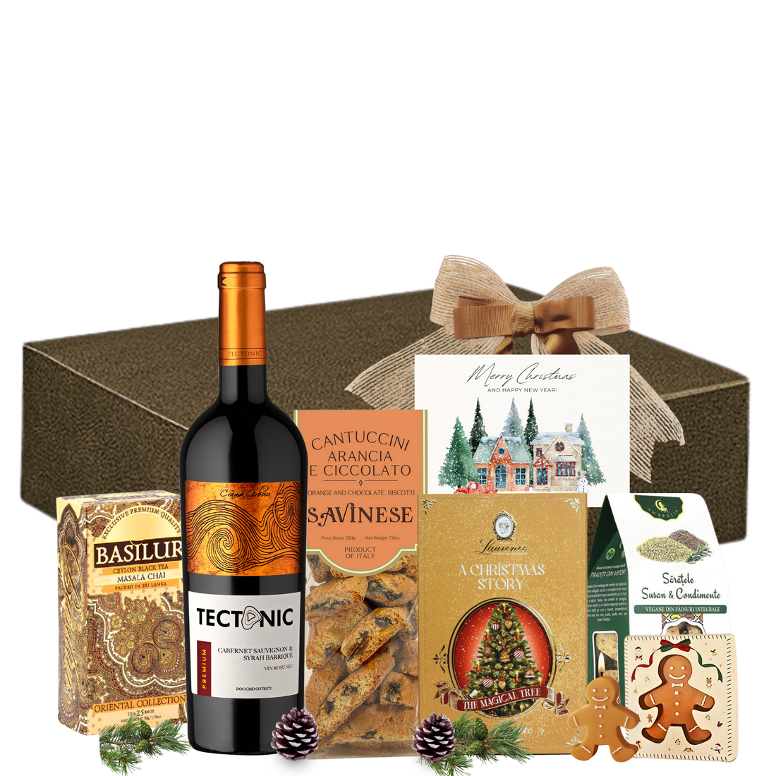Cadou Crăciun Warm Glow cu vin barrique, Masala Chai, fursecuri și lumânare, în cutie festivă