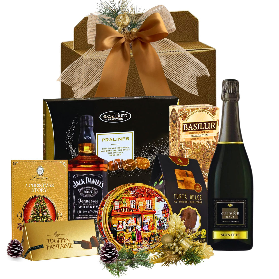 Cos cadou Crăciun Whisky Prestige cu Jack Daniels, spumant Montevi, praline și trufe
