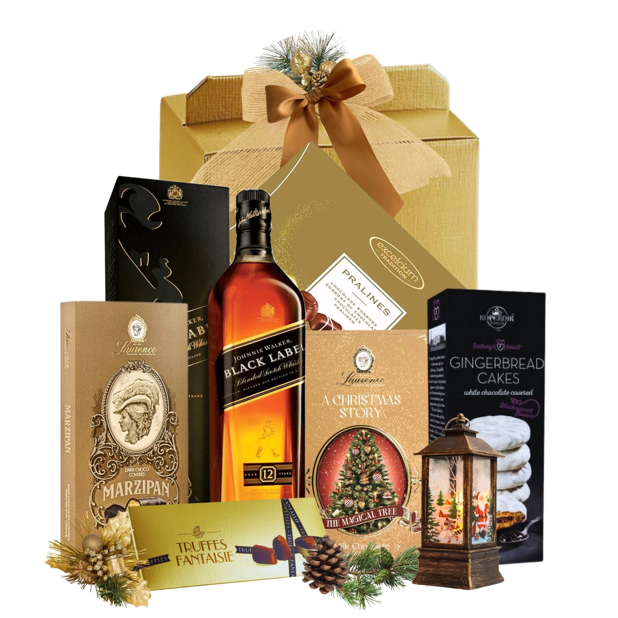 Johnnie Walker Black Label 12 Ani alături de prăjituri Kopernik, vafe cu ciocolată și pralină, trufe Mathez și praline Excelcium, aranjate într-o cutie cadou festivă.