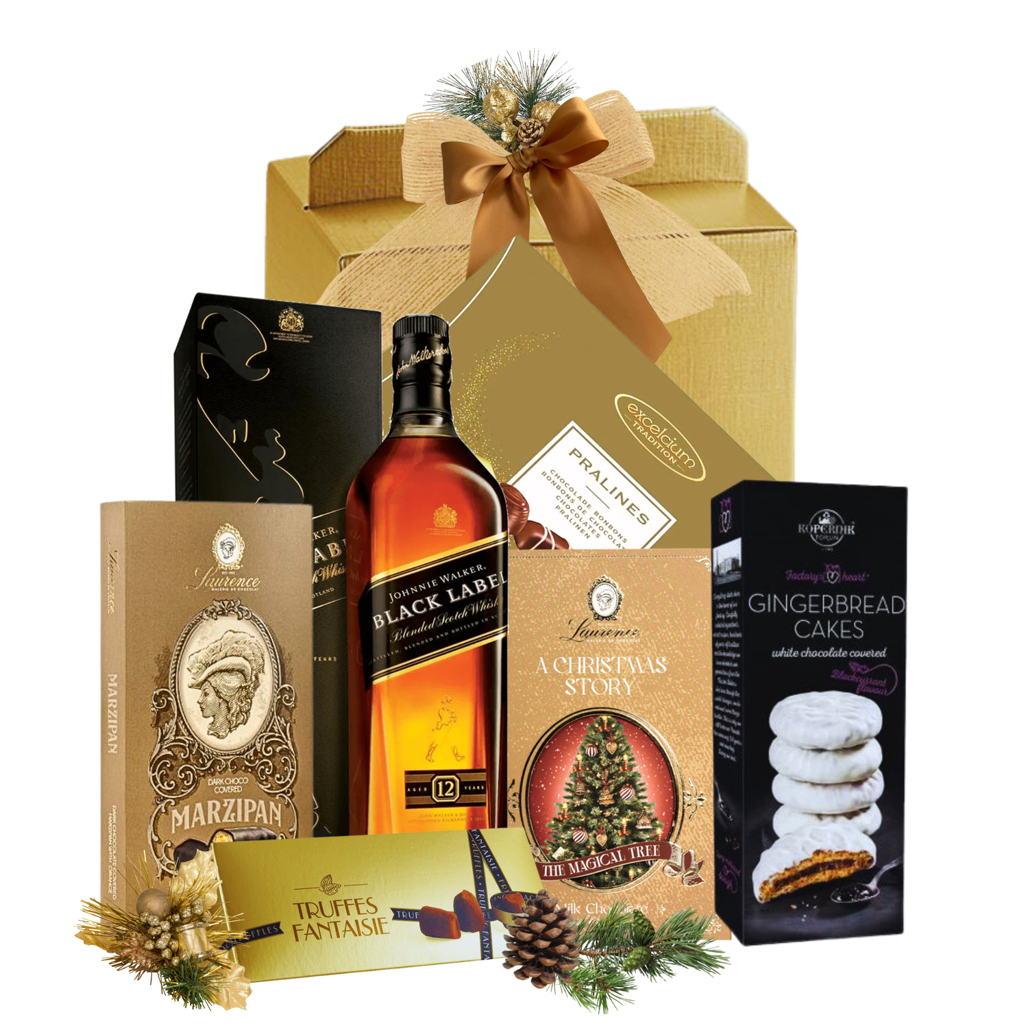 Johnnie Walker Black Label 12 Ani alături de prăjituri Kopernik, vafe cu ciocolată și pralină, trufe Mathez și praline Excelcium, aranjate într-o cutie cadou festivă.
