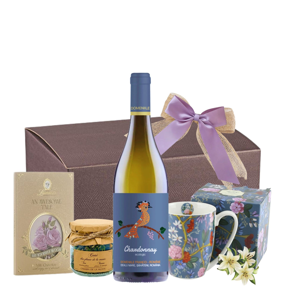 Cadou Floral Tea & Chardonnay cu Chardonnay BIO, ceai de munte și cană William Kilburn