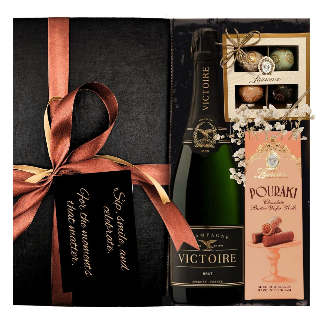 Gift of Sofistication cu șampanie Martel Victoire, praline Laurence și cremă Laurence în cutie premium